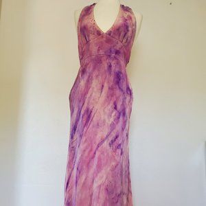 Silk Short midi halter Dress 6 8 10 bridesmaid party tiedyed painted purple pink